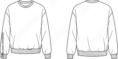 Sweatshirt flat sketch, crewneck pullover technical drawing, ribbed cuffs hem neckline, relaxed fit fashion template, clothing design illustration, front back view