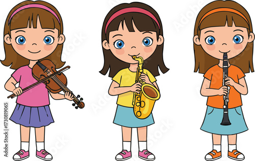 Cartoon girls playing musical instruments, violin, saxophone, clarinet, happy children in colorful clothes, music class, kids band, cheerful illustration