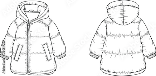 Winter coat flat sketch, hooded jacket technical drawing, quilted outerwear fashion template, padded apparel design illustration, front back view