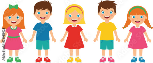 Cartoon illustration of happy children standing together, smiling boys and girls in colorful clothes, friendship, childhood, group kids vector design