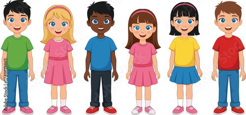 Cartoon illustration of six diverse children standing together, smiling, friendship, teamwork, unity, multicultural kids, education concept, happy group, childhood fun