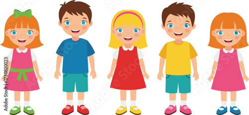 Cartoon vector illustration of smiling children group, happy boys and girls standing together, friendship, childhood fun, colorful outfit character design