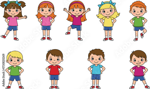 Group of happy children, boys and girls, standing, smiling, colorful clothes, cartoon characters, isolated, diverse poses, fun, cheerful illustration