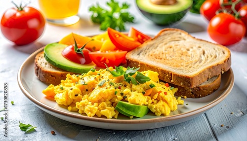 Nutritious Whole Wheat Bread Breakfast With Scrambled Eggs And Bell Pepper