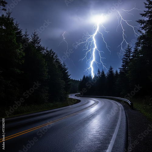 Éclair puissant illuminant une route sinueuse bordée de forêt sous un ciel nocturne orageux