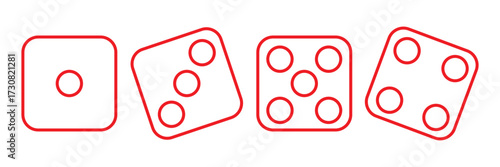 Casino dice icon collection, red dice, one to five dot faces, game dice symbols, vector illustration bundle. EPS 10.