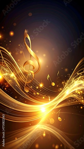 Golden musical notes on abstract waves