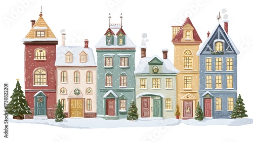 Christmas village houses. Cute cartoon houses in winter. Flat illustration on a white background. Hand drawn watercolor illustration of houses in the city. Christmas card