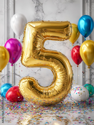 Festive celebration with a large gold foil number five balloon surrounded by colorful helium balloons and confetti for a special fifth birthday or anniversary event