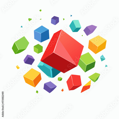 Abstract geometric composition of colorful cubes and triangles creates a modern design