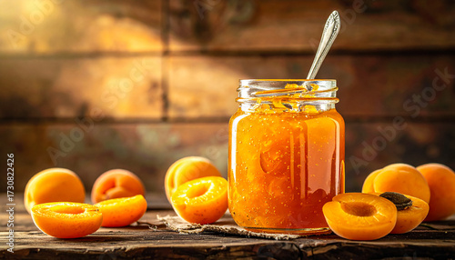 Glass jar of apricot jam with spoon