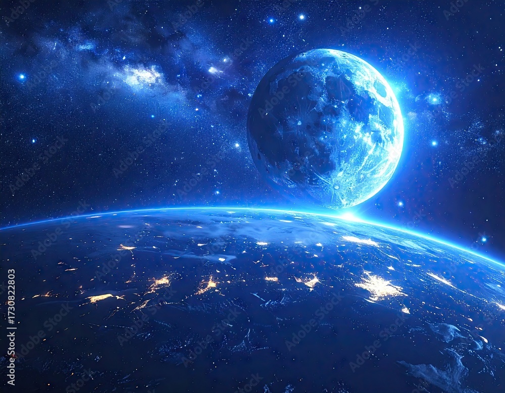 Obraz premium Blue Moonrise Over Earth: Night Space View