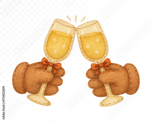 Felt style watercolor champagne glasses clinking together, held by brown stitched mittens with red bows, golden sparkling drink, festive handmade holiday and New Year design. Vector illustration.