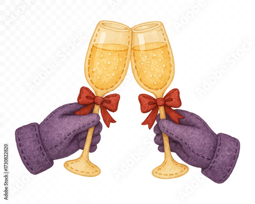 Felt style watercolor champagne glasses clinking in toast, held by purple stitched mittens with red bows, festive handmade holiday and New Year party celebration design. Vector illustration.