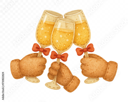 Felt style watercolor champagne glasses group of four clinking together, held by brown stitched mittens with red bows, festive handmade holiday and New Year party celebration design. Vector illustrati