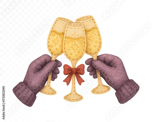 Felt style watercolor champagne glasses trio clinking together, held by purple stitched mittens with red bow, festive handmade holiday and New Year party celebration design. Vector illustration.