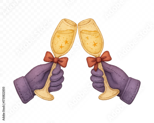 Felt style watercolor champagne glasses clinking together, held by purple stitched mittens with red bows, golden sparkling stars inside, festive handmade New Year celebration. Vector illustration.