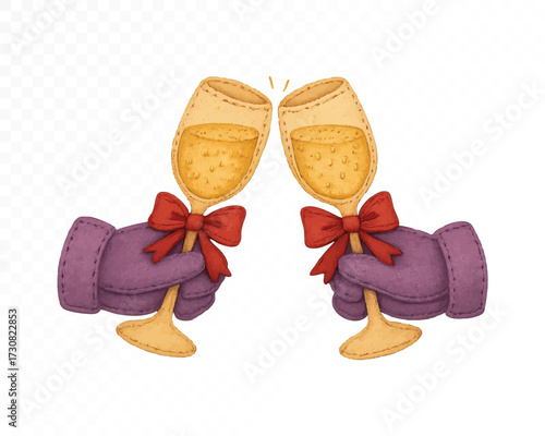Felt style watercolor champagne glasses clinking together, held by purple stitched mittens with red bows, festive handmade holiday and New Year celebration design. Vector illustration.