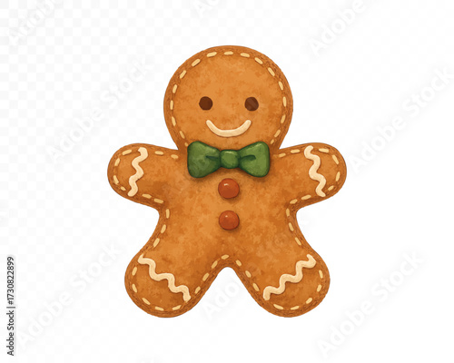 Felt style watercolor gingerbread man cookie with stitched details, green bow tie and icing decorations, cute handmade holiday Christmas sweet dessert design. Vector illustration.