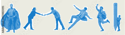Trendy halftone business people stickers. Business workers in different poses