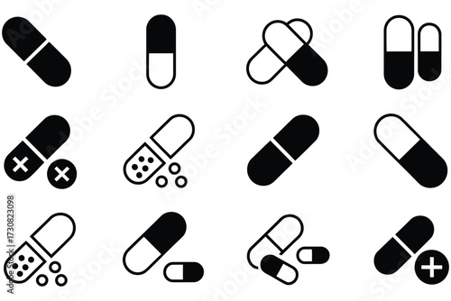 A Set of 12 Black and White Pill Icons Healthcare, Medicine, and Pharmaceutical Concepts