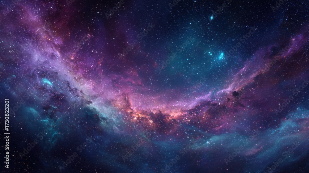 Naklejka premium A vibrant cosmic swirl of purple blue and pink colors showcasing the beauty of space filled with shining stars and celestial patterns.