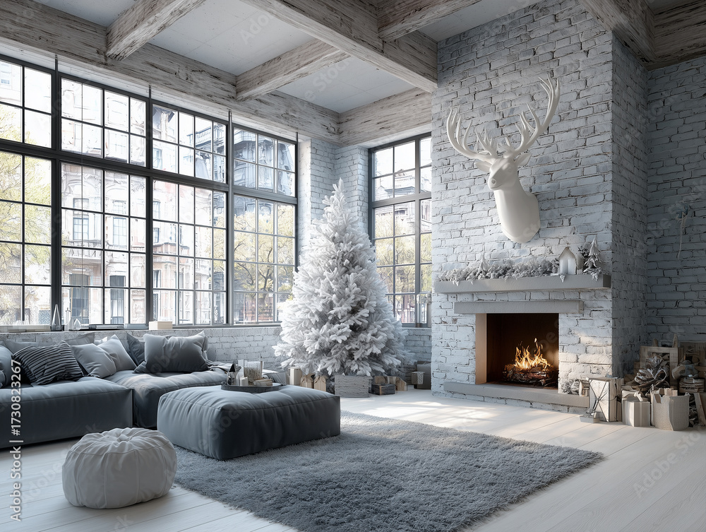 Fototapeta premium Jasny loft w chłodnych zimowych odcieniach, z dużymi industrialnymi oknami. Wnętrze jest urządzone świątecznie z białą choinką i kominkiem z głową jelenia na ścianie z cegły.