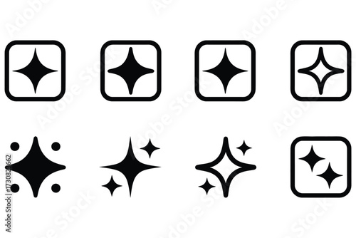Gleaming Icons A Collection of Eight Black and White Sparkle Symbols