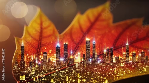 A stunning city skyline nestled within an autumn leaf, symbolizing the transition of seasons and the enduring beauty of urban landscapes