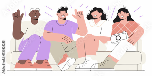 Diverse group of friends sitting together on a couch smiling and making hand gestures