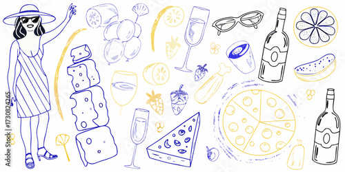 Wallpaper Mural Fun summer picnic elements including a woman with a hat and sunglasses and various food and drinks Torontodigital.ca