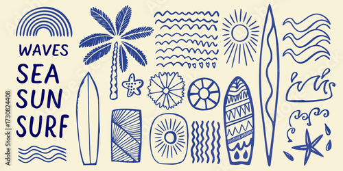 Collection of hand drawn blue summer beach elements including surfboards palm trees sun waves and starfish