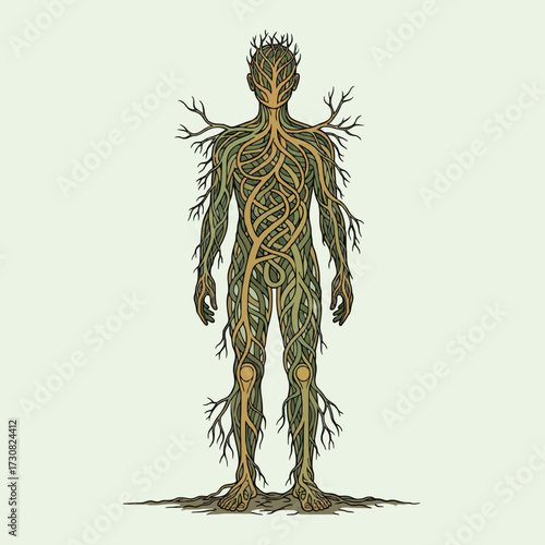 Conceptual vector illustration of a human figure made of tree roots and branches, symbolizing the unity of man and nature and the circulatory system of life