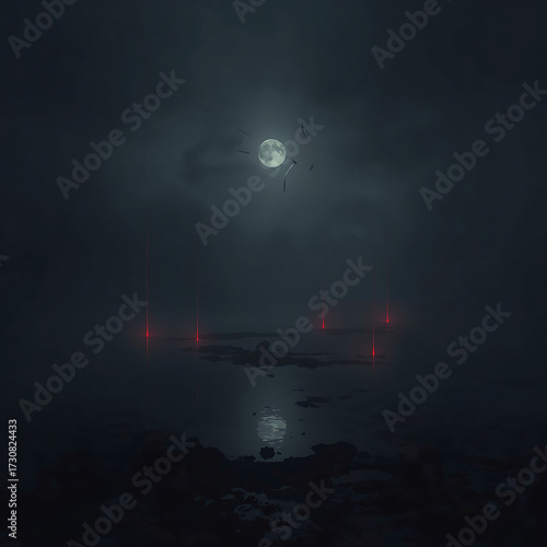 The album cover art features a surreal and abstract scene with a dark sky, a fragmented moon.