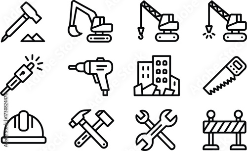 Construction equipment tools icons set vector illustration engineering work site