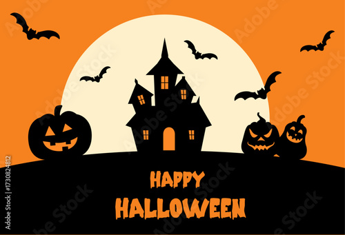 Happy Halloween banner. Halloween pumpkins and bats. Vector illustration.