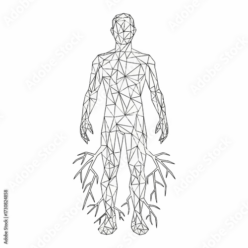 Geometric wireframe human figure connected to the earth through deep roots, a metaphor for stability, growth, and ancestral foundation
