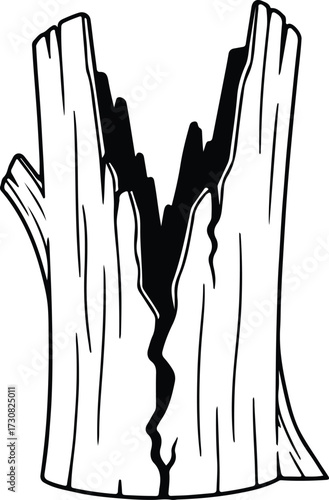 Vector hollow tree trunk black and white broken silhouette Illustrator