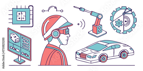 Worker in Futuristic Helmet Overseeing Smart Car and Robot Arm
