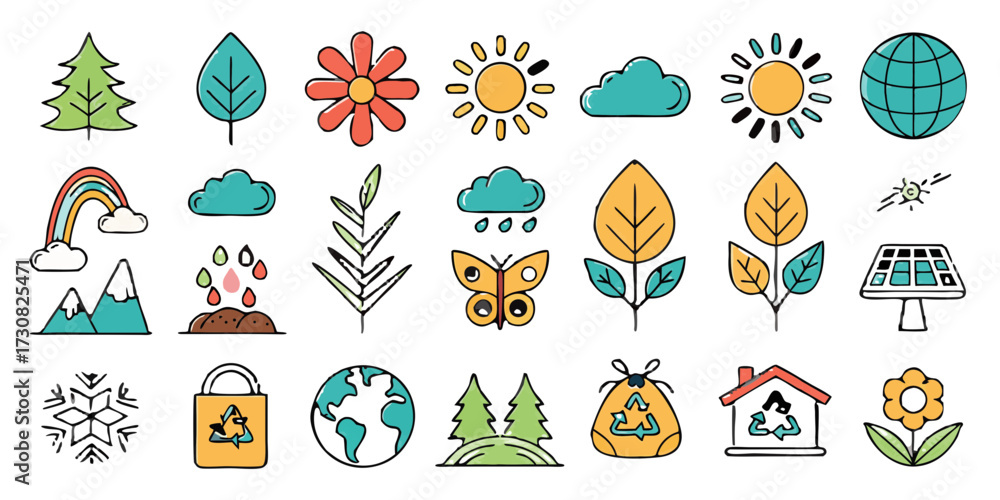 Fototapeta premium Colorful Nature Icons Representing Environmental Elements