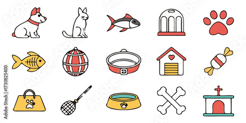 Colorful Vector Icons Representing Various Pets and Supplies