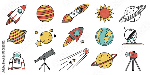 Colorful Set of Space Icons Representing Planets and Rockets