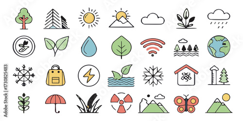 Set of Hand Drawn Nature Icons on a Black Background
