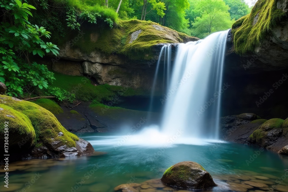 Fototapeta premium Serene Waterfall Cascading over Mossy Rocks Tranquil Nature Scene Perfect for Relaxation and Meditation