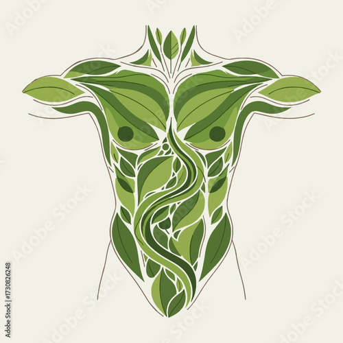 Conceptual art of a human torso made from green leaves, symbolizing the connection between humanity, health, and the natural world