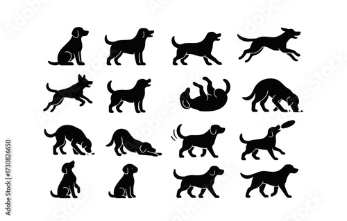 Silhouette dog collection: playful canine poses in black silhouette style
