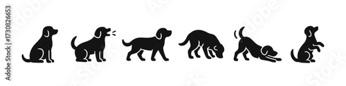 Silhouette dog poses: playful and active canine silhouettes set