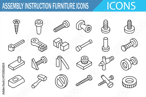 Furniture Assembly Hardware — Clean Line Icons of Screws, Bolts, Nuts, Dowels, Cam Locks & Tools
