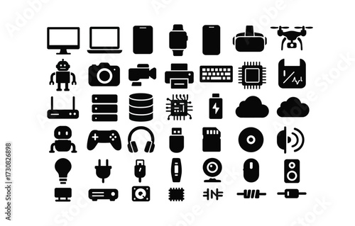 Modern technology silhouettes: devices and gadgets icon set
