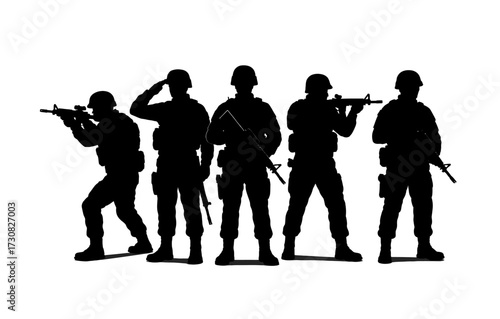 Military silhouettes in combat poses: soldiers ready for action